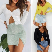 Sexy Slit Hem Long Sleeve Solid Color Knit Crop Top