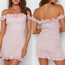 Fresh Style Off-shoulder Boat Neck Ruffle Hem Slim Fit Printed Dress