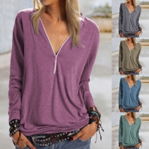 Fashion Solid Color Long Sleeve Zipper V-neck T-shirt