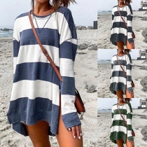 Fashion Long Sleeve Round Neck Slit Hem Striped Sweatshirt