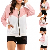 Fashion Contrast Color Long Sleeve Stand Collar Baseball Jacket