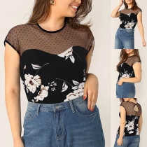 Sexy See-through Gauze Spliced Printed T-shirt