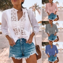 Sexy Hollow Out Lace Spliced 3/4 Sleeve Stand Collar Blouse