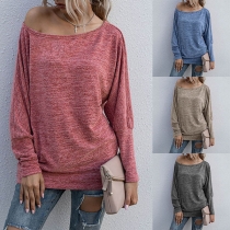 Fashion Solid Color Long Sleeve Boat Neck Loose T-shirt