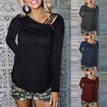 Sexy Oblique Shoulder Long Sleeve Solid Color T-shirt
