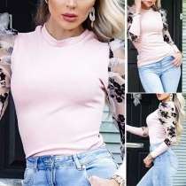 Sexy Gauze Spliced Puff Sleeve Mock Neck Slim Fit T-shirt