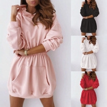 Fashion Solid Color Long Sleeve Hooded Elastic Waist Sweatshirt