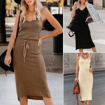 Sexy Backless V-neck Slit Hem Solid Color Sling Knit Dress