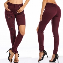 Fashion High Waist Slim Fit Hollow Out Ripped Jeans