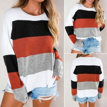 Fashion Contrast Color Long Sleeve Round Neck Knit Top