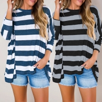 Fashion Long Sleeve Round Neck Loose Striped T-shirt