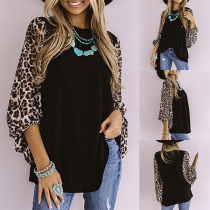 Fashion Leopard Spliced Lantern Sleeve Round Neck T-shirt