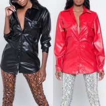 Fashion Solid Color Long Sleeve POLO Collar PU Leather Shirt