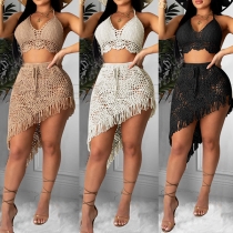 Sexy Backless Knit Halter Crop Top + Irregular Tassel Hem Skirt Two-piece Set