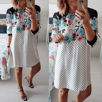 Fashion Half Sleeve Round Neck Printed Spliced Dots Dress