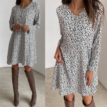 Fashion Long Sleeve V-neck Printed Dress