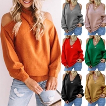 Sexy Off-shoulder Long Sleeve V-neck Solid Color Sweater
