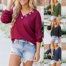 Fashion Solid Color Long Sleeve V-neck Sweatshirt