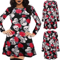 Chic Style Skull Head Printed Long Sleeve Round Neck Dress