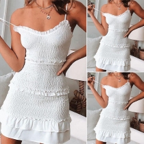 Sexy Backless V-neck Ruffle Hem Solid Color Slim Fit Sling Dress