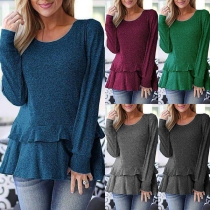 Fashion Solid Color Long Sleeve Round Neck Ruffle Hem T-shirt