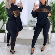 Fashion Leopard Spliced Long Sleeve Sweatshirt + Pants Two-piece Set