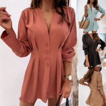 Fashion Solid Color Long Sleeve V-neck High Waist Long Shirt