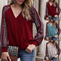 Fashion Printed Spliced Long Sleeve V-neck T-shirt