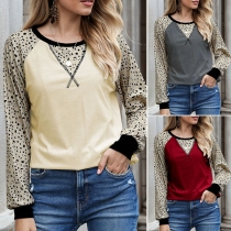 Fashion Leopard Spliced Long Sleeve Round Neck T-shirt