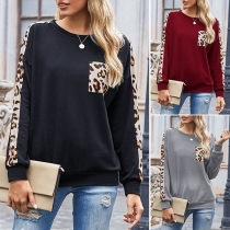 Fashion Leopard Spliced Long Sleeve Round Neck T-shirt