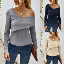 Sexy Oblique Shoulder Long Sleeve Solid Color T-shirt