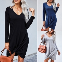 Fashion Solid Color Long Sleeve V-neck Twisted Hem Dress