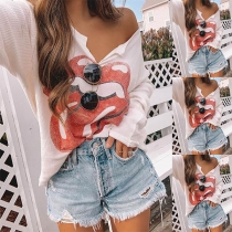 Chic Style Long Sleeve V-neck Lip Printed T-shirt