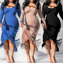 Sexy V-neck Long Sleeve Irregular Tassel Hem Slim Fit Dress