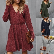 Fashion Solid Color Long Sleeve V-neck Dress