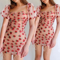 Sexy Square Collar Puff Sleeve Sequin Strawberry Printed Dress