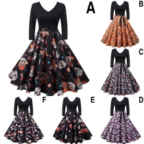 Sexy Backless V-neck High Waist Printed Spliced Hem Dress