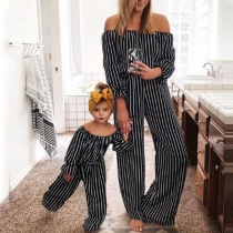 Sexy Off-shoulder Boat Neck High Waist Striped Parent-child Jumpsuit
