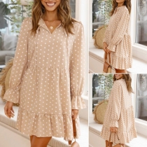 Sweet Style Long Sleeve V-neck Ruffle Hem Dots Printed Dress