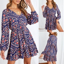 Fashion Long Sleeve V-neck High Waist Printed Dress