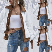 Fashion Contrast Color Long Sleeve POLO Collar Plush Coat