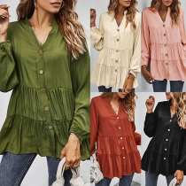 Fashion Solid Color Long Sleeve V-neck Blouse