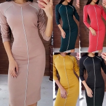 Fashion Contrast Color Long Sleeve Round Neck Slim Fit Dress