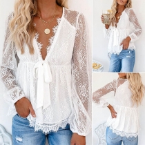 Sexy See-through Lace Spliced Long Sleeve V-neck Top