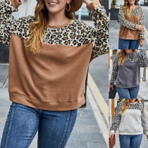 Fashion Leopard Spliced Long Sleeve Round Neck Sweatshirt