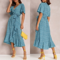 Sexy V-neck Short Sleeve High Waist Leopard Printed Dress