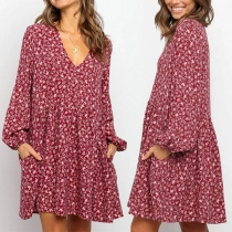 Fashion Lantern Sleeve V-neck Loose Printed Dress
