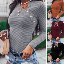 Fashion Solid Color Long Sleeve Oblique V-neck Slim Fit Top(The size runs small)