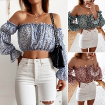Sexy Off-shoulder Boat Neck Long Sleeve Printed Crop Top