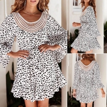 Fashion Leopard Printed Trumpet Sleeve Ruffle Hem Dress